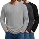 August Alley 3 Pack Men's Long Sleeve T-Shirts Ribbed Knit Top Pullover Crewneck Casual Sweater Stretchy Undershirt Tee (Light Gray, Charcoal Gray, Black, X-Large)