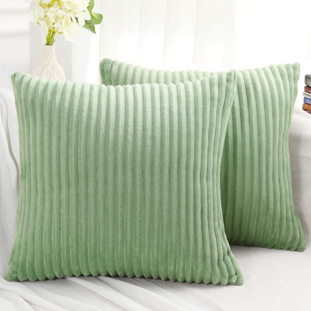Simmore Decorative Christmas Throw Pillow Covers 18x18 Set of 2, Soft Natural Plush Flannel Double-Sided Fluffy Couch Pillow Covers for Sofa Living Room, Sage Green