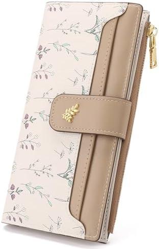 GAEKEAO Womens Wallet Slim Thin RFID Blocking Floral Vegan Leather Card Holder Bifold Long Ladies Wallet with Zipper Pocket