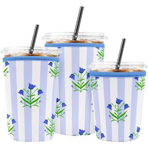 Iced Coffee Sleeve Reusable Cup Sleeves for Cold Drinks Neoprene Plastic Cup Covers for Drinks, Stripes Flowers