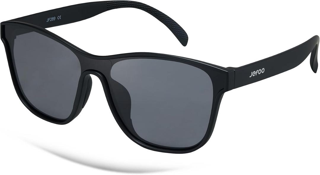 Jefoo Running Sunglasses for Women Men Polarized Retro Shades Trendy 80s Mirrored Shield UV400 Protection Tangle Free (Black)