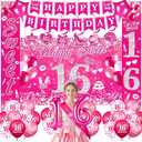 Sweet 16 Birthday Decorations for Girls Pink 16th Birthday Banner Hanging Swirls Sweet 16 Porch Banner Happy Birthday Backdrop Balloons Sash for Hot Pink Sweet Sixteen Birthday Party Supplies
