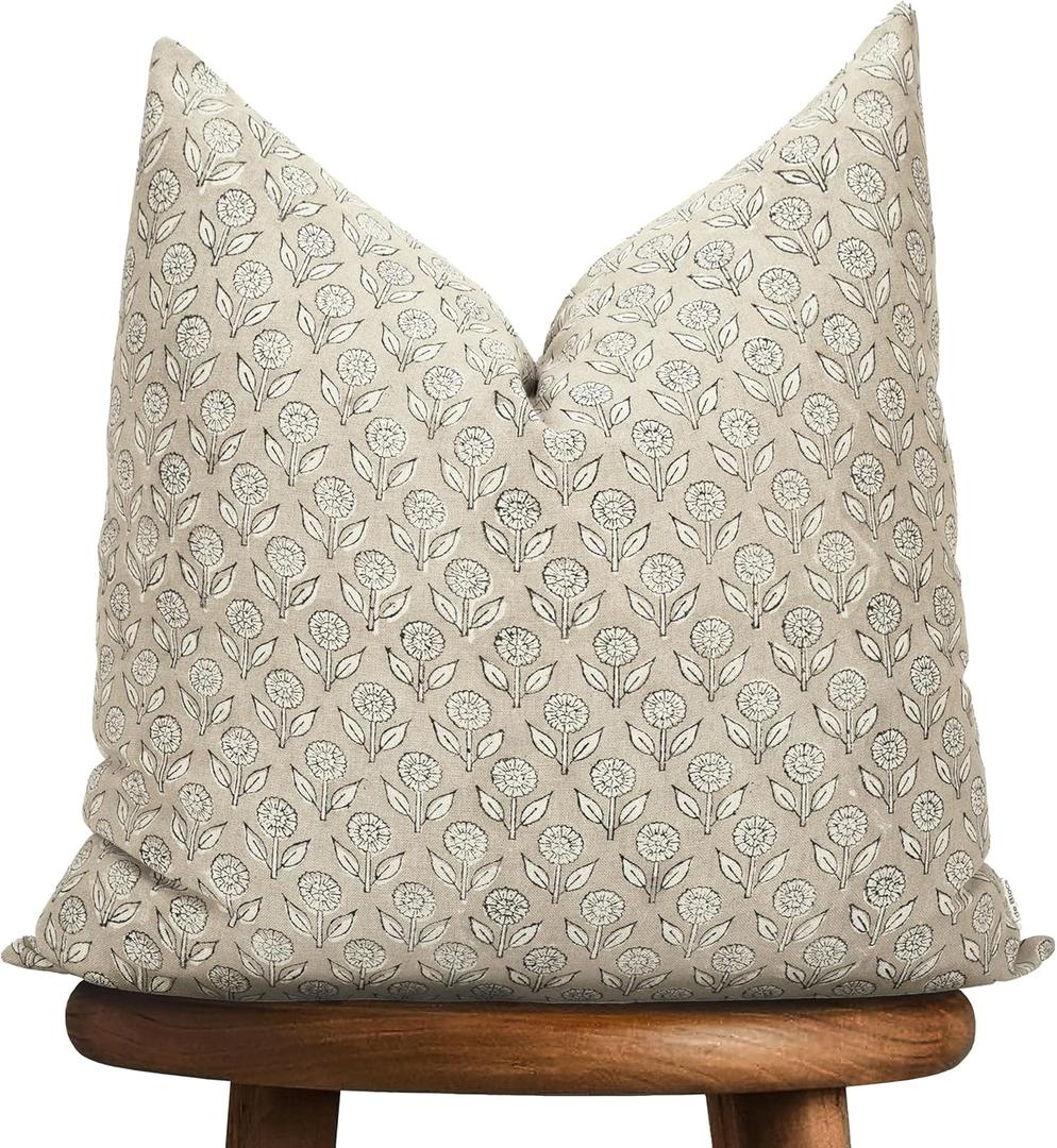 Hand-block printed, artisan-made neutral accent throw cushion cover- Thick cotton cushion for sofa, bed, chair, home decor, gifting, spring vibe, boho, indoor/outdoor- Adeline (Beige, 20" x 20")