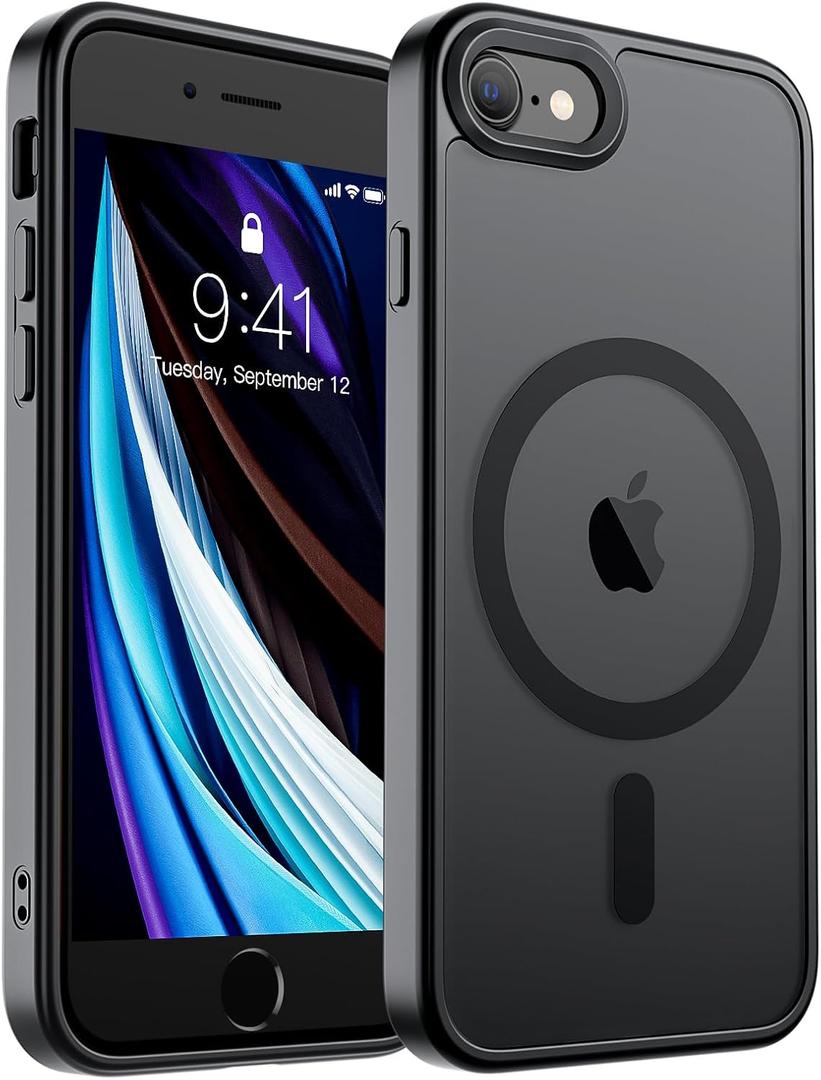 SUPFINE Magnetic for iPhone SE Case 2022 (3rd)/2020 (2nd), iPhone 8 Case (Compatible with MagSafe) (Military Grade Drop Protection) Translucent Matte Phone Cover,Black