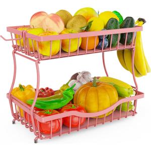 Zurklulu Pink 2 Tier Large Fruit Basket for Kitchen Counter with 2 Banana Hangers, Metal Fruit Bowl for Onion Vegetable Bread Snack, Countertop Organizer  14.5" W x 9.5" D