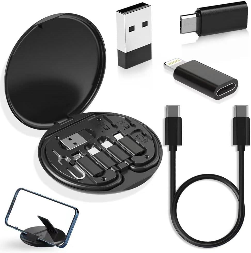 USB Adapter, Micro USB Charging Cable with USB C Lighting Adapter, Lighting to USB C Adapter, Multi Charging Cable Storage Box Contains SIM Card Holder, Black