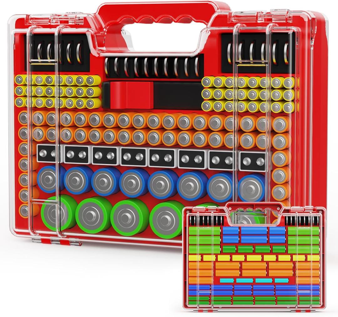 Battery Organizer Storage Holder Box Case with Tester, Stores & Protects Up to 260 Batteries, Double-Sided, Clear Locking Lid, Secure Latches & Portable Carrying Handle - Red (Batteries Not Included)