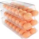 theaoo Egg Holder for Fridge, Automatic Rolling Egg Container for Refrigerator, Clear Plastic Egg Dispenser, Stackable Eggs Organizer with Quick Removable inner Tray For Organizers and Storage, 3 Pack