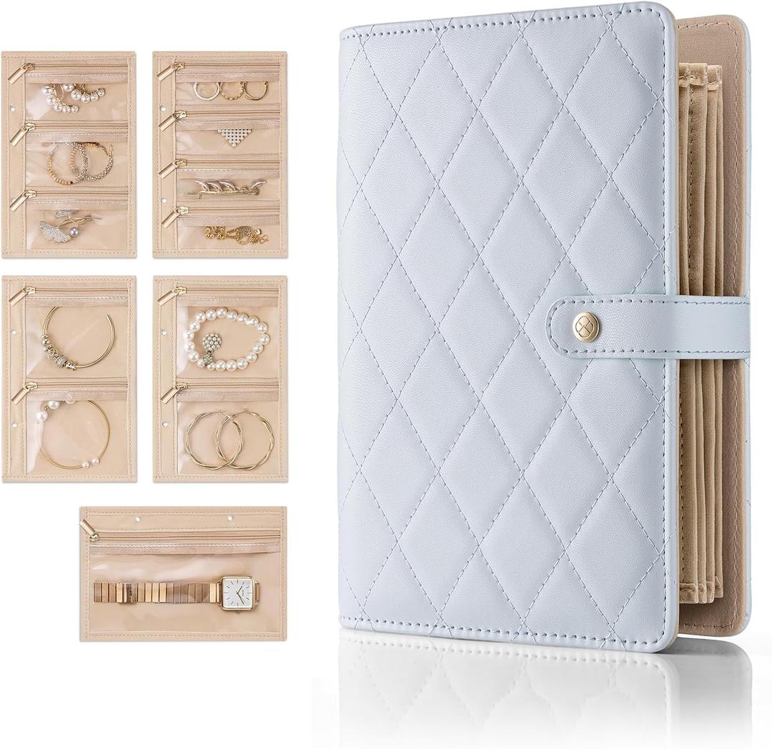 Vlando Jewelry Book Organizer - Leather Travel Jewelry Case with 5 Detachable Pages for Necklaces, Rings, Earrings, Tangle-Free, Giftable,Baby Blue (Medium)