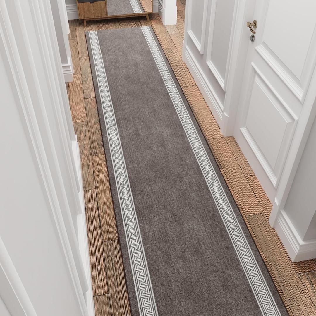 Ottomanson Hallway Runner Rug 2'7" x 10' Soft Non-Slip Rug, Low Pile Carpet for Entryway, Kitchen & Long Hallways in Apartments and Homes, Greek Border Brown