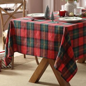 Home Bargains Plus Dancer Plaid Fabric Tablecloth, 60 x 84 Inch Rectangle, Red and Green Holiday Check Pattern, 100% Cotton Blend Christmas Table Cover for Festive Dining and Seasonal Decor
