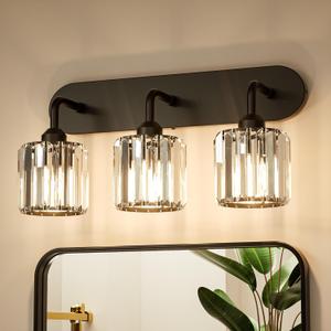 Keonjinn 3-Light Bathroom Light Fixtures, Crystal Black Bathroom Vanity Lights Over Mirror, Vanity Lighting Fixtures with Crystal Square Shades for Mirror, Modern Decor (E26 Base, Exclude Bulb)