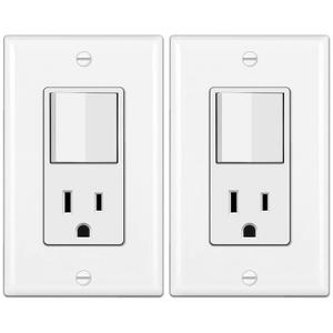 BESTTEN 2 Pack Combination Wall Light Switch and Decor Outlet, Single Pole Rocker Switch, 15A/120V, Decorative Receptacle, 15A/125V, Combo Style, Wallplate Included, Side Wire, UL Listed, White