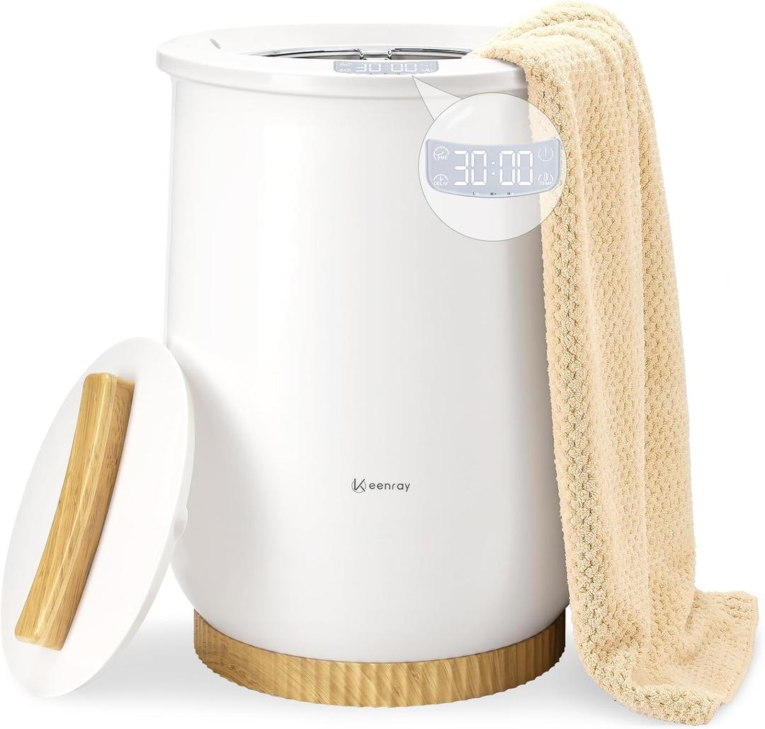 Keenray Upgraded Towel Warmer Bucket, Large Towel Warmer with 3 Heating Modes, Heat Time 30/45/60/90 Min Adjustable and Up to 24 Hour Delay Timer, Towel Heater for Oversize Bathrobes Blankets, CL1Plus (Clear White)