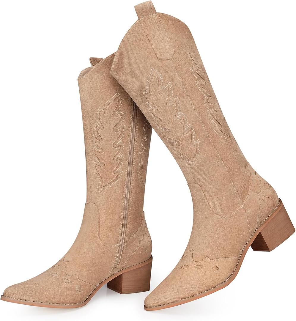SHIBEVER Suede Knee High Cowboy Boots for Women Comfortable Tall Cowgirl Boots Zipper Low Heel Fall Winter Western Booties