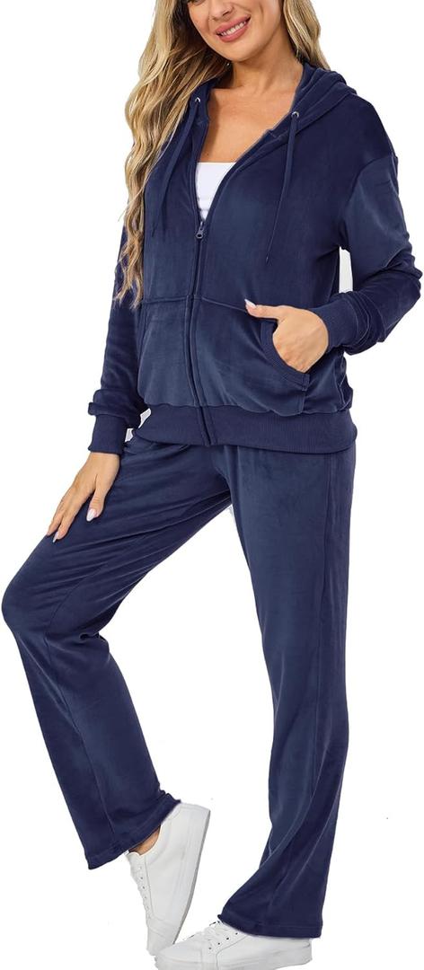 Velour Track Suits for Women Set Fall Sweatsuits 2 Piece (Blue, L)