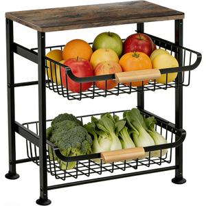 3-Layer Fruit Basket Kitchen Food Organizer and Rack Rolling Pantry Kitchen Cart On Wheels with Wood Top Table,Pull-Out Hollow Metal Basket for Sorting Spice Snacks Vegetables,Black