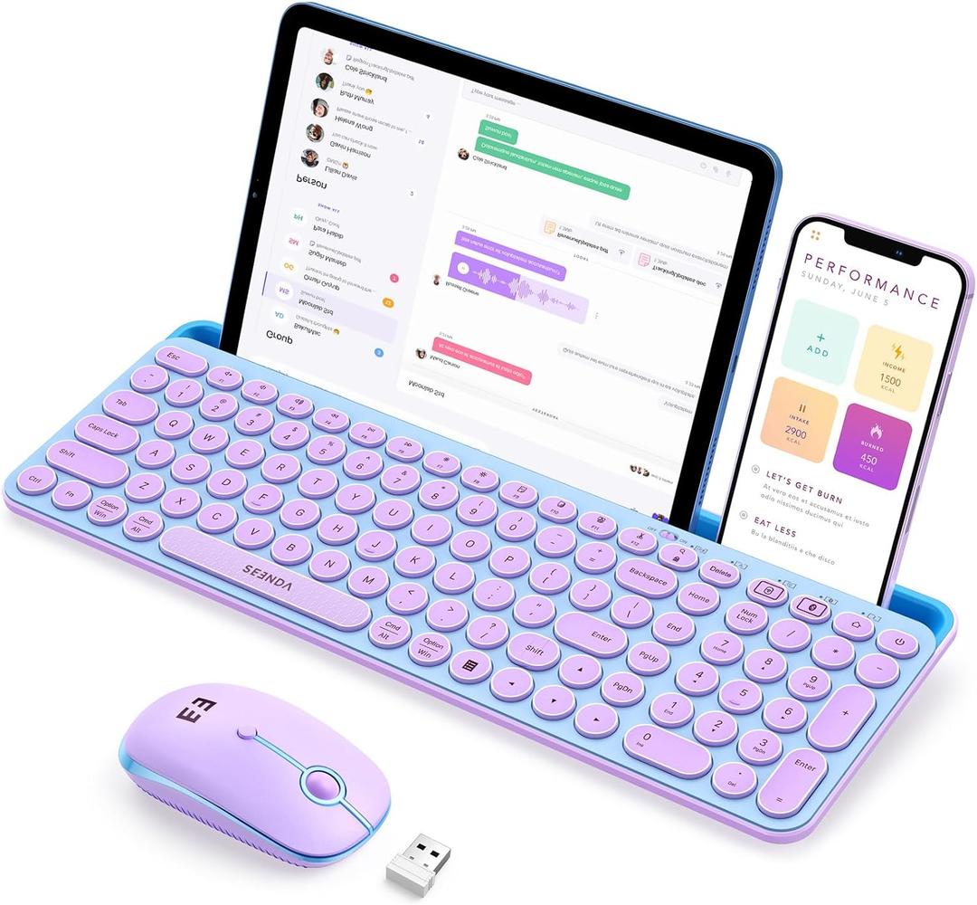 seenda Bluetooth Keyboard and Mouse for iPad, CTU-301 Wireless Multi-Device Connection Bluetooth+2.4G Keyboard Mouse Combo with Tablet Holder for iPad/Macbook/Windows, iOS/Andriod/Phone, Blue & Purple