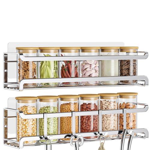 Bunoxea Spice Rack Wall-Mounted 2 Pack, Space-Saving Spice Organizer for Spice Jars and Seasonings,Screw or Adhesive Hanging Spice Rack Organizer for Your Kitchen Cabinet,or Pantry Door,Silver