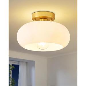 Yunnix Semi Flush Mount Ceiling Light, Milk Glass Light Fixture, Gold Mid-Century Modern Farmhouse Small Light Fixtures for Hallway, Bathroom, Kitchen, Bedroom, Living Room, Closet, Laundry(8.66 Inch)