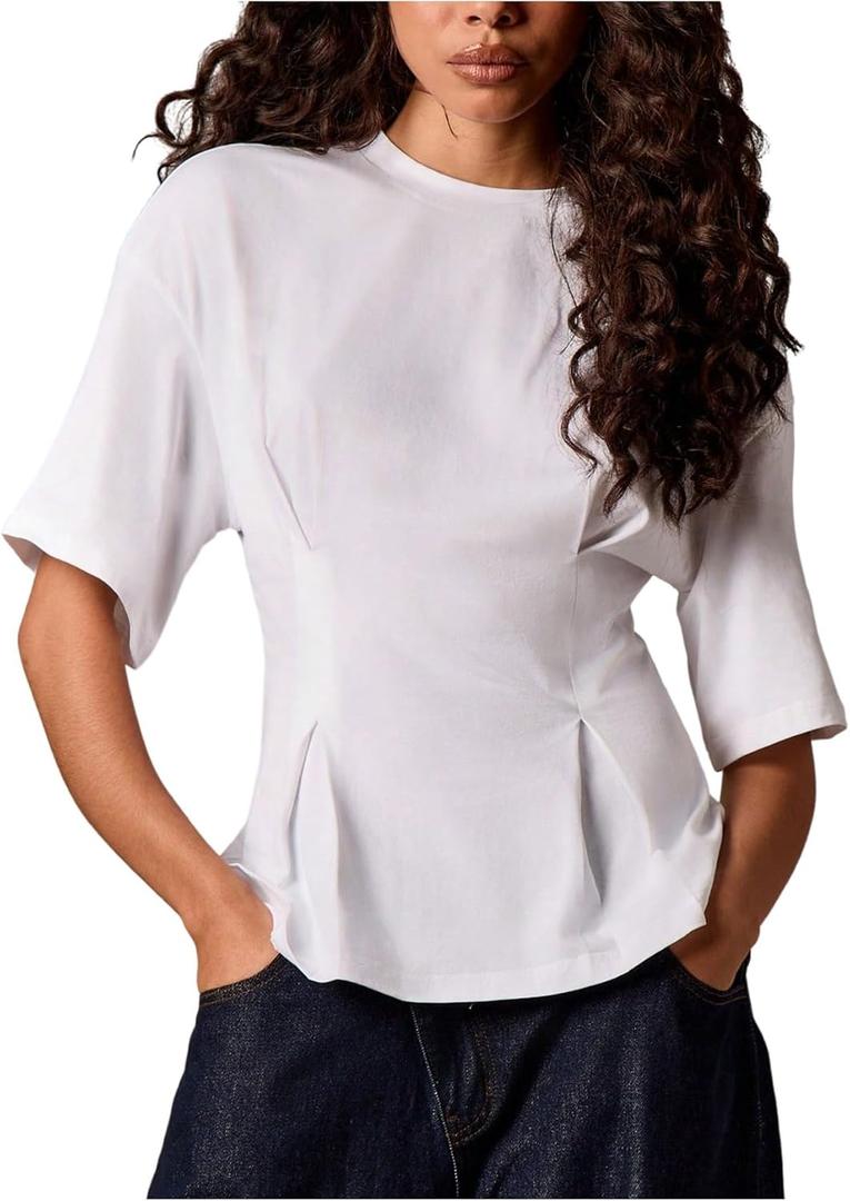MakeMeChic Women's Ruffle Peplum Tops Going Out Short Sleeve Summer T Shirt Blouse L