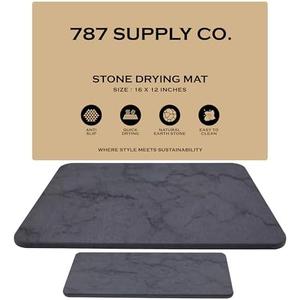 J.B Large Stone Drying Mat for Kitchen Counter - Quick Dry Stone Mat with Sink Caddy, Ultra Absorbent Dish Drying Stone for Kitchen Counter and Bathrooms, 16 x 12 Inch, Dark Gray/Black Marble Finish