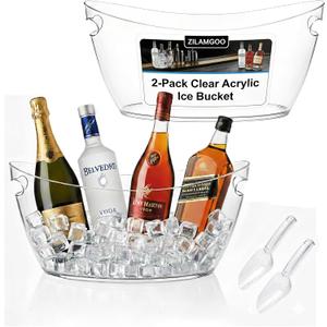 2-Pack Clear Acrylic Ice Buckets for Parties (5.5L Each) Large Plastic Beverage Tubs with Scoops Wine Bucket Chiller for Parties, Drink Buckets for Outdoor Events, Mimosa Bar, BBQ