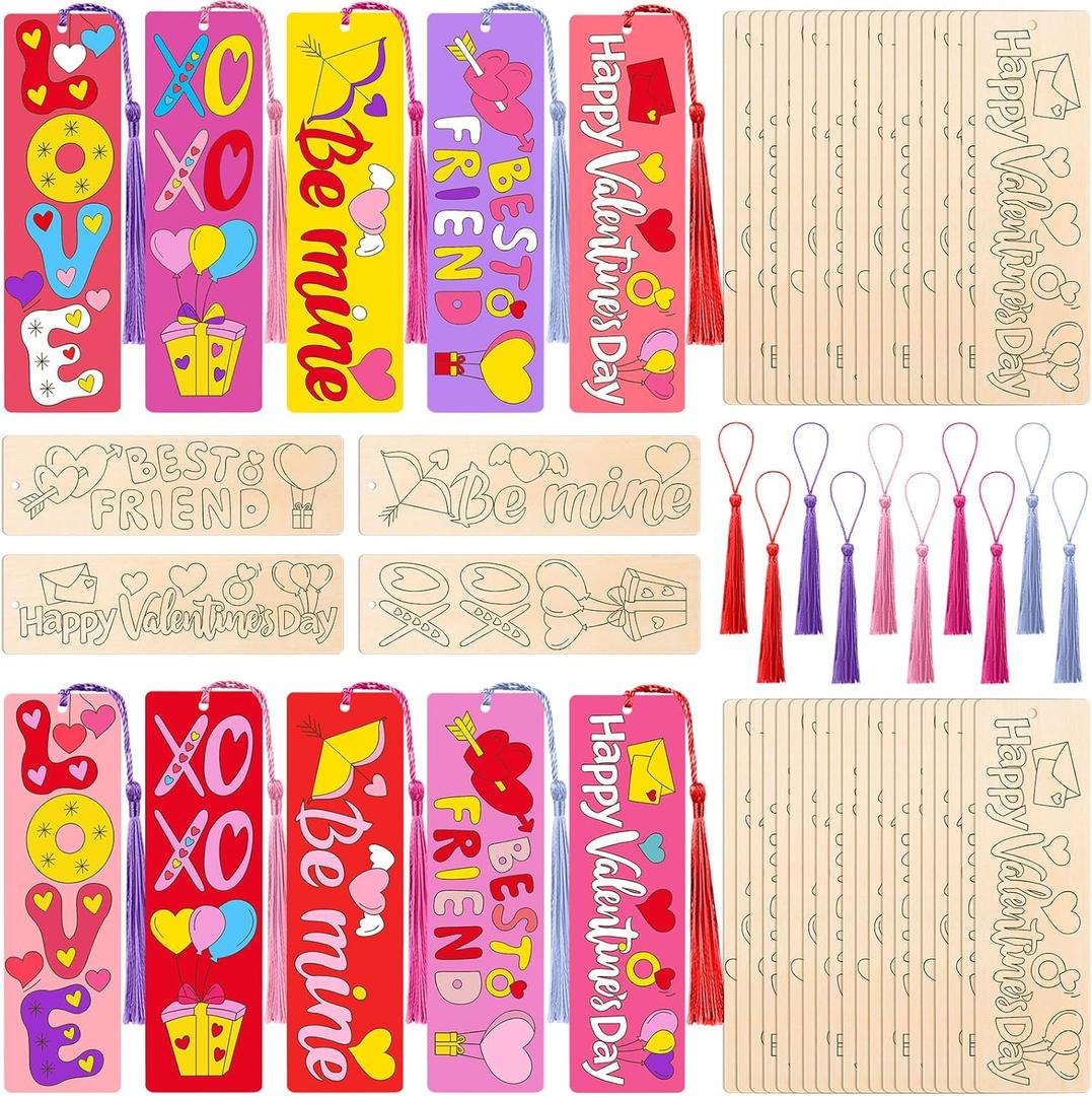 200 Pcs Valentine's Day DIY Heart Bookmark Bulk Kits, Wood Valentine's Day Color Your Own Craft Bookmarks Bulk with Tassels, Personalized Bookmark Gift for Men Women