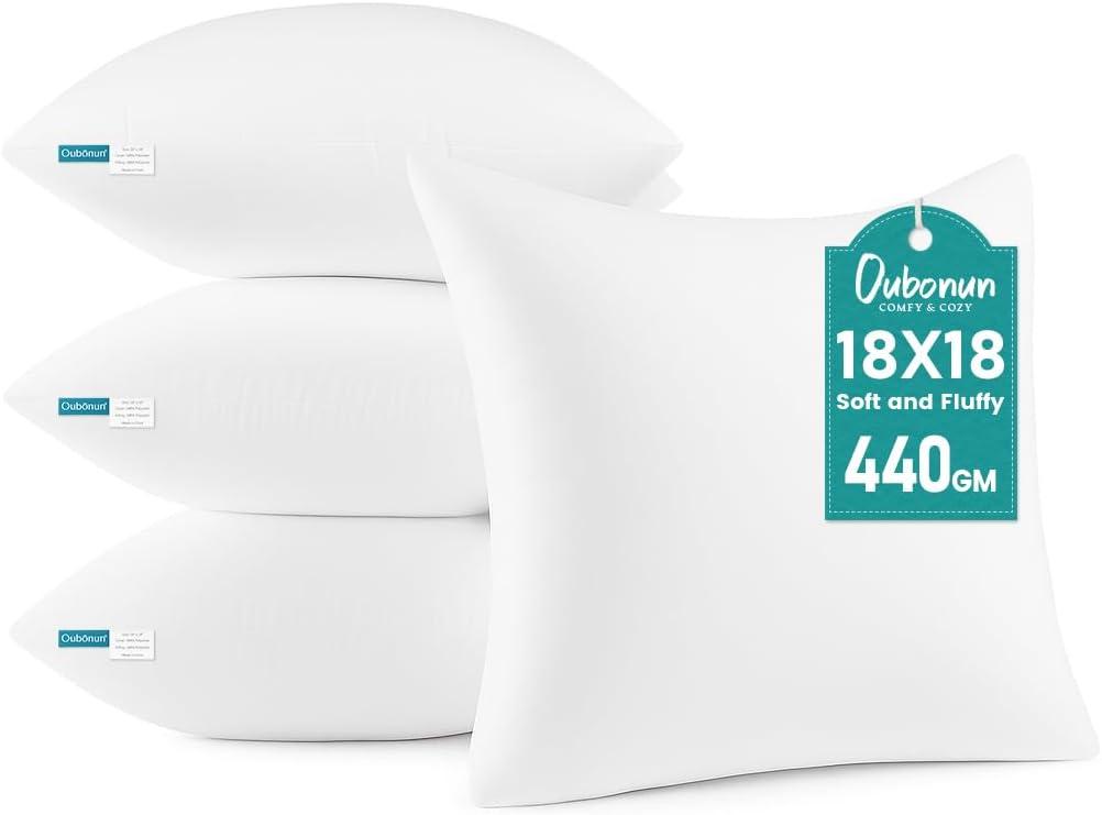 Oubonun 18 x 18 Throw Pillow Inserts - Soft, Plush & Decorative Down Alternative Pillows for Couch Sofa Bed, Machine Washable - White, Pack of 4