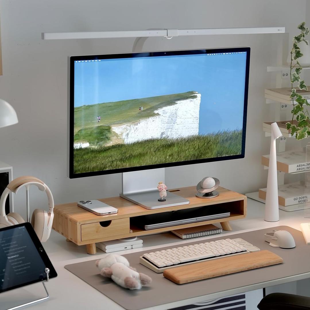 Bamboo Monitor Stand Riser with Drawer, Ergonomic Computer Riser for Desk with Cable Management & Storage Organizer, Wood Monitor Stand for Home Office