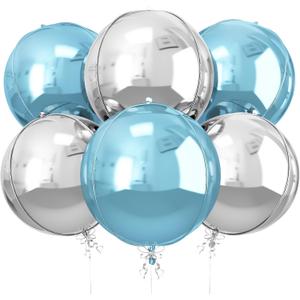 6Pcs Blue Silver Round Foil Balloons, 22inch 4D Metallic Silver Blue Balloons, Large Round Foil Ball Balloon for Boys Men Birthday Graduation Wedding Anniversary Party Backdrop Decoration