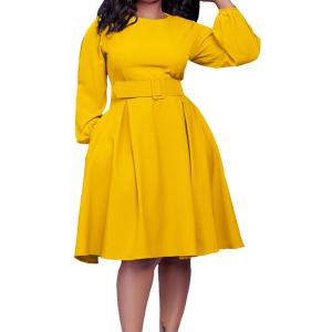 Elainone Women Long Sleeve A Line Dress with Belt Church Wedding Guest Semi Formal Office Dresses (Yellow) L