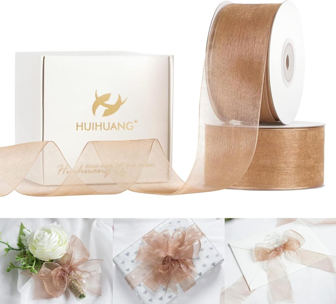 HUIHUANG 2 Rolls Shimmer Sheer Organza Ribbon 1-1/2 Inch Tan Chiffon Fabric Ribbon for Wedding Gift Wrapping Floral Bouquet Baby Shower All Types of Crafts - 50 Yards Each Roll
