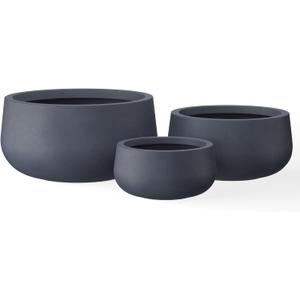 Kante 19.6",15.7",11.8" Dia Round Concrete Planters Set of 3, Outdoor Indoor Garden Plant Pots with Drainage Hole and Rubber Plug, Modern Curvaceous Design, Charcoal