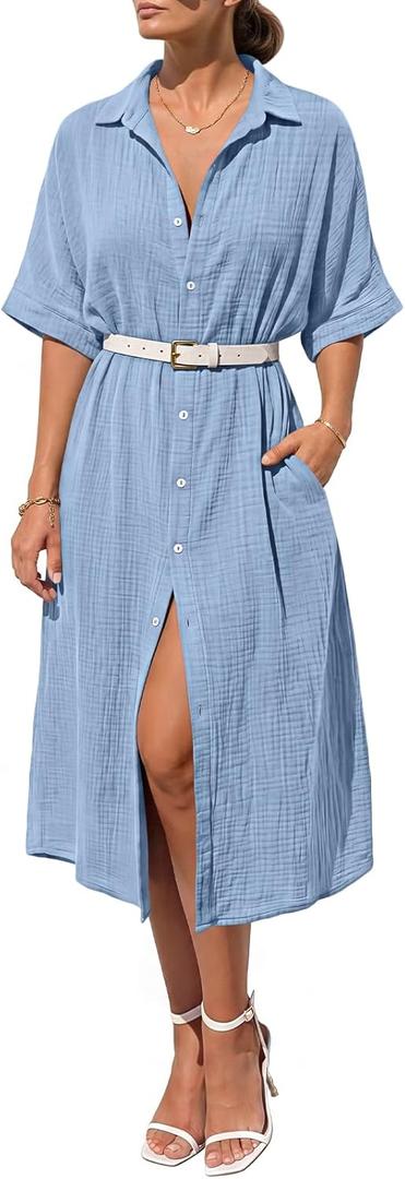 LILLUSORY Summer Long Shirt Dresses for Women 2026 Beach Vacation Outfits Casual Button Down Short Sleeve Swimsuit Coverup (Blue, S)