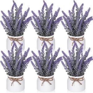 6 Pcs Artificial Lavender Plant in Pots Small Rustic Spring Faux Lavender Potted Plants Purple Bathroom Decor Farmhouse Centerpieces for Kitchen Bedroom Shelves Desk Office