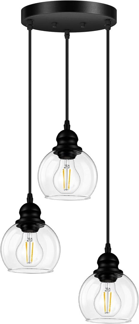 3-Light Pendant Light, Hanging Ceiling Lamp with Clear Glass Shade, Matte Black Pendant Lighting Adjustable Height Industrial Retro Style Hanging Light, for Kitchen Island Bedroom(E26 Base,No Bulb)
