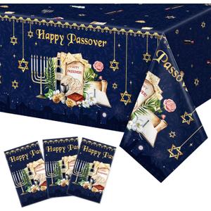 WovWeave 3 Pack Happy Passover Tablecloth Passover Seder Plastic Rectangle Table Cover Disposable for Pesach Festival Holiday Dining Kitchen Home Party Decorations, 54 x 108 Inch