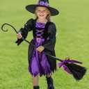 Witch Costume for Girls, Light-Up Purple Dress with Hat & Broom Accessories for Halloween Parties & Role Play (Small(5-7yr))