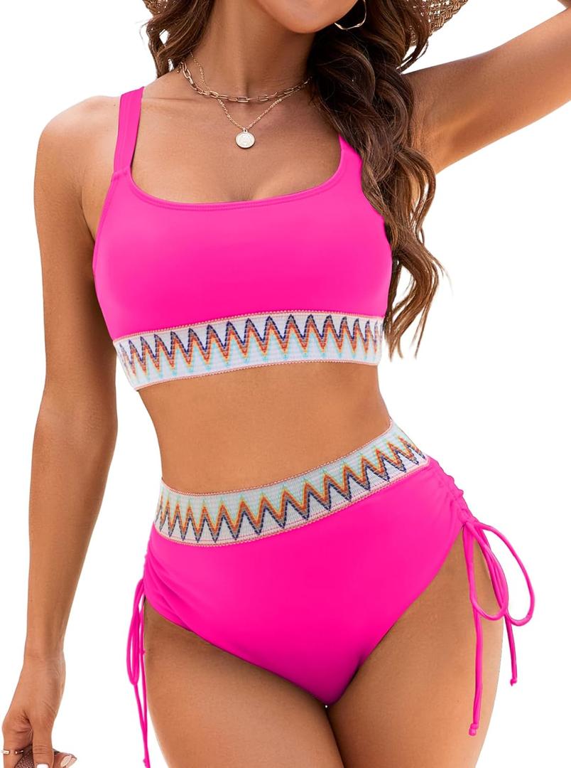 High Waisted Bikini Sets for Women Tummy Control Swimsuits Two Piece Bathing Suit Color Block Teens