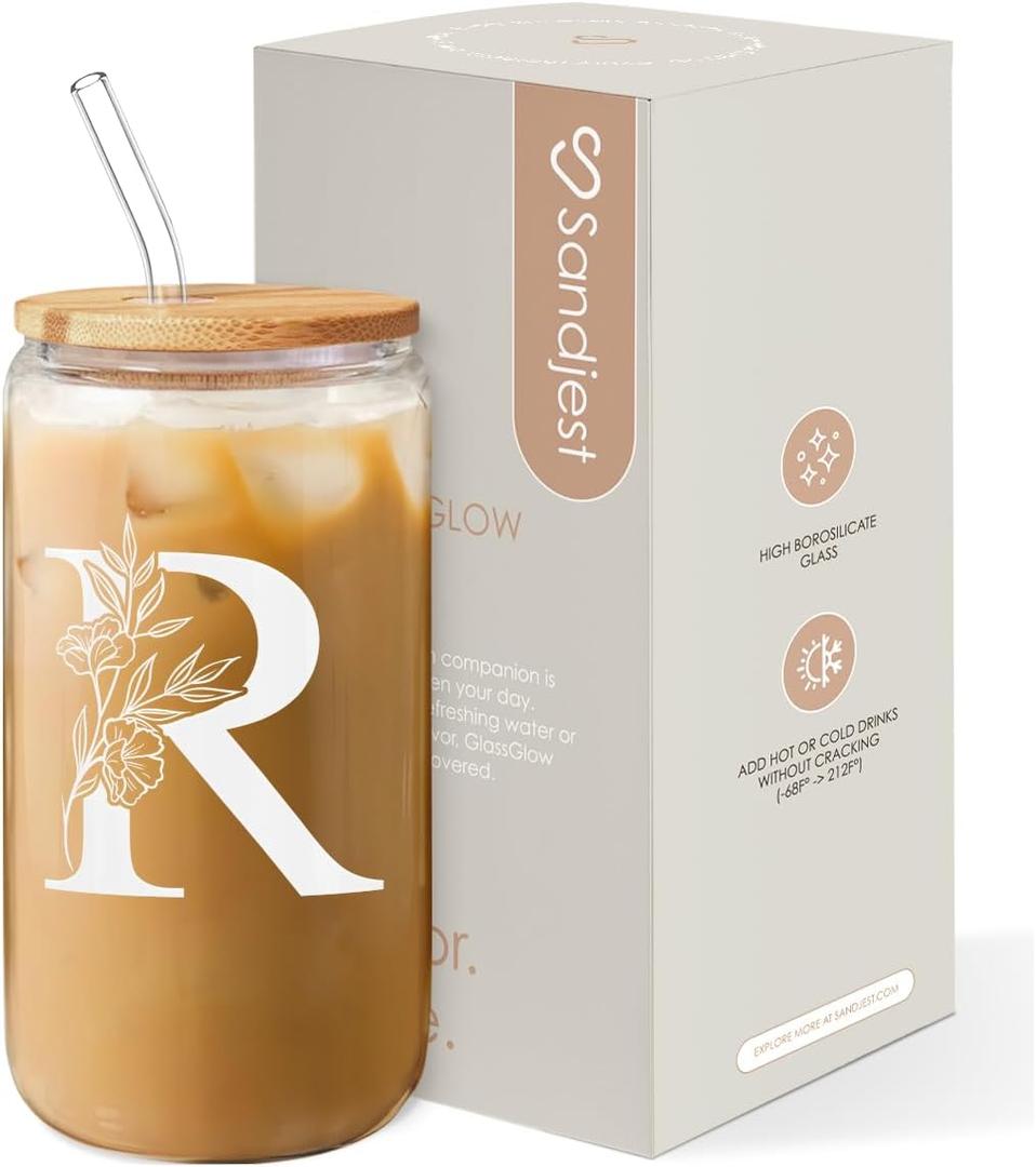 SANDJEST Monogrammed Gifts for Women - Monogram R Initial Glass Cup 16 Oz Can Coffee Cups with Lid and Straw - Monogram Initials Gifts for Womens on Birthday