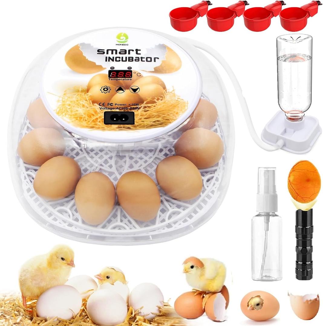 Incubators for Hatching Eggs, 12 Egg Incubator with Automatic Egg Turning and Temperature Control, Automatic Water Adding, LED Egg Candler, for Hatching Chickens, Duck, Quail, Goose Eggs (White)