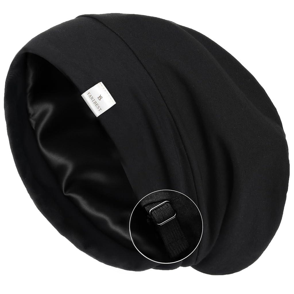 YANIBEST Silk Satin Bonnet Hair Wrap for Sleeping - Adjustable Stay on Silk Lined Slouchy Beanie Hat for Curly Hair and Braids (Large, Aa-pure Black)