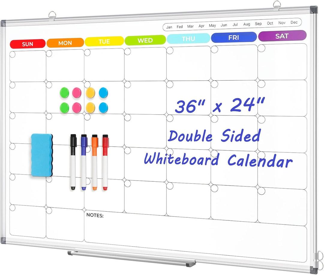 Colorful Dry Erase Calendar Whiteboard for Wall 36x24 Double-Sided Magnetic | Monthly Calendar, 7 Color Design, Wall Mount Hanging, Aluminum Frame, Smooth Dry Erase, Home School Office, Complete Kit