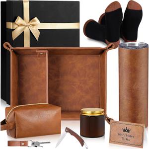 Sieral 10 Pcs Men Gift Set Box for Men Valentine's Birthday Anniversary Basket with Leather Tray Tumbler Socks Toiletry Bag Candle Wood Knife Gifts for Dad Husband Grandpa from Wife Son Daughter