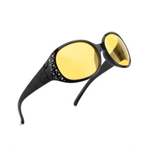 SODQW Night Vision Glasses for Women,Polarized Yellow Anti Glare Glasses with Diamond Accents for Night Driving (A03- Black/Yellow)