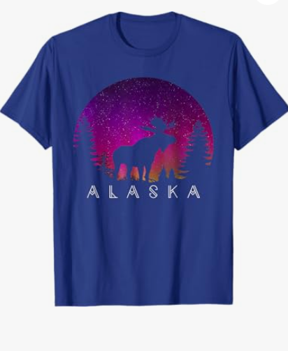 Alaska Moose Aurora Borealis - Alaskan Landscape Photo T-Shirt (Small, Royal Blue)
