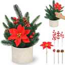 Christmas Small Fake Plant, Artificial Tabletop Christmas Potted Plant with Poinsettia, Pine Cones & Berries, Small Christmas Tree Xmas Decor for Office, Home Decor (Green)