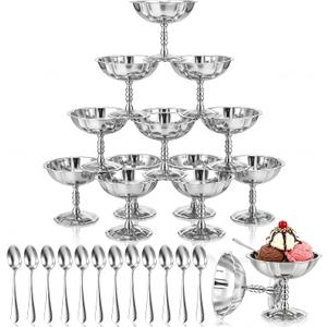 Ferrochef 12 Sets Stainless Steel Ice Cream Cups with Spoons Bulk Vintage Silver Footed Dessert Bowls Reusable Sundae Cups for Fruit Yogurt Pudding Wedding Birthday Party Supplies(Flower Edge Style)