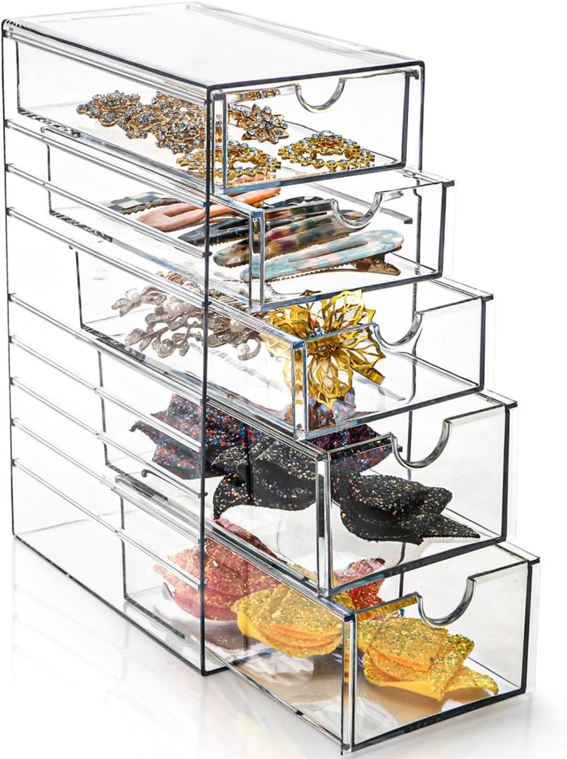 Clear Hair Accessory Organizer Box, Plastic Hair Tie Organizer Storage Box with 5 Drawers, Hair Accessories Container Makeup Organizer Jewelry Holder for Bathroom, Closet Desk, Office
